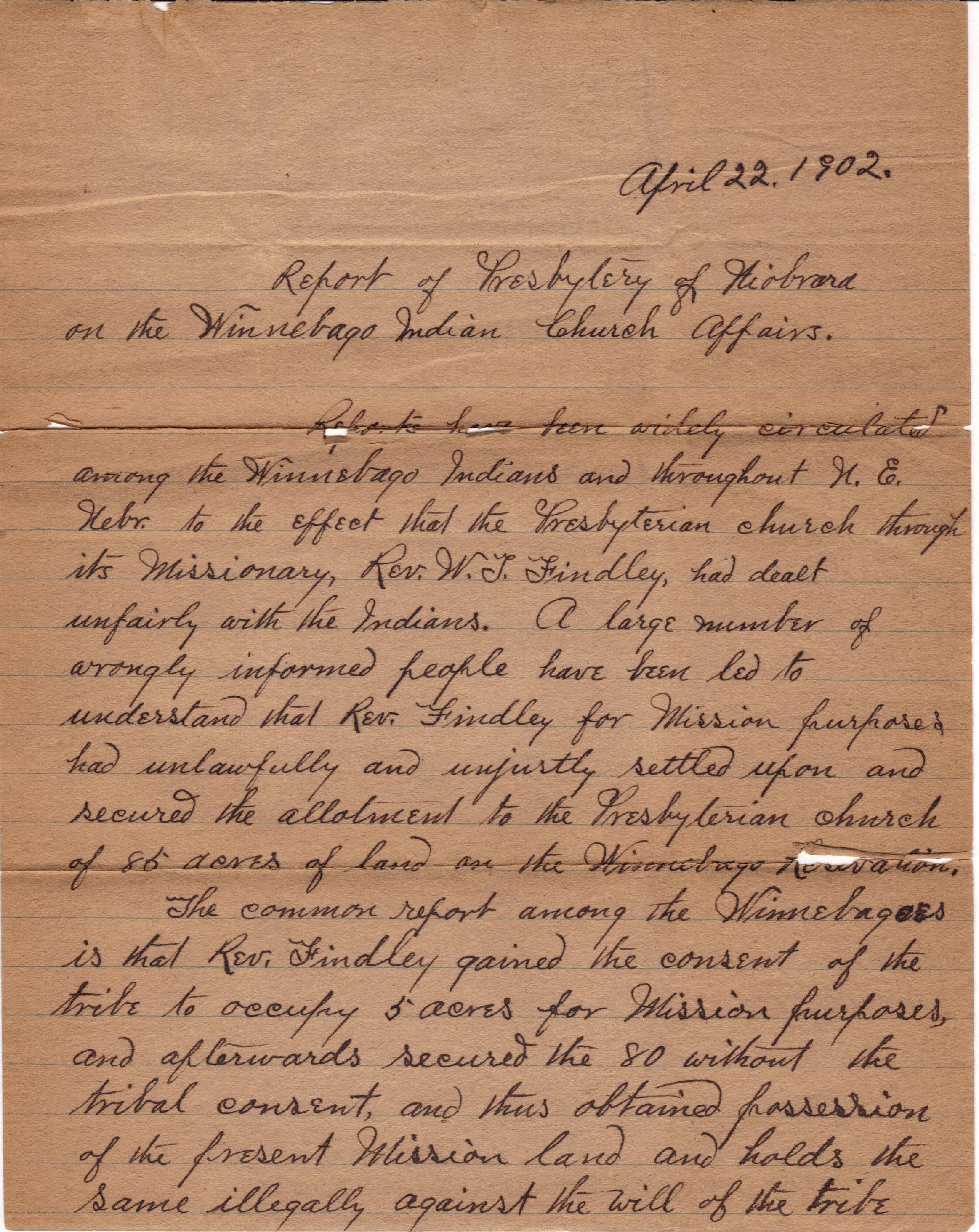 April 22, 1902: Winnebago Mission land papers (1)